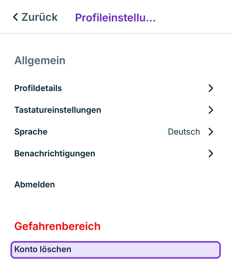 Profileinstellungen mit hervorgehobenem Eintrag Konto löschen