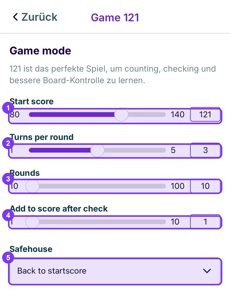 Einrichtung von Game 121 mit fünf markierten Einstellungen